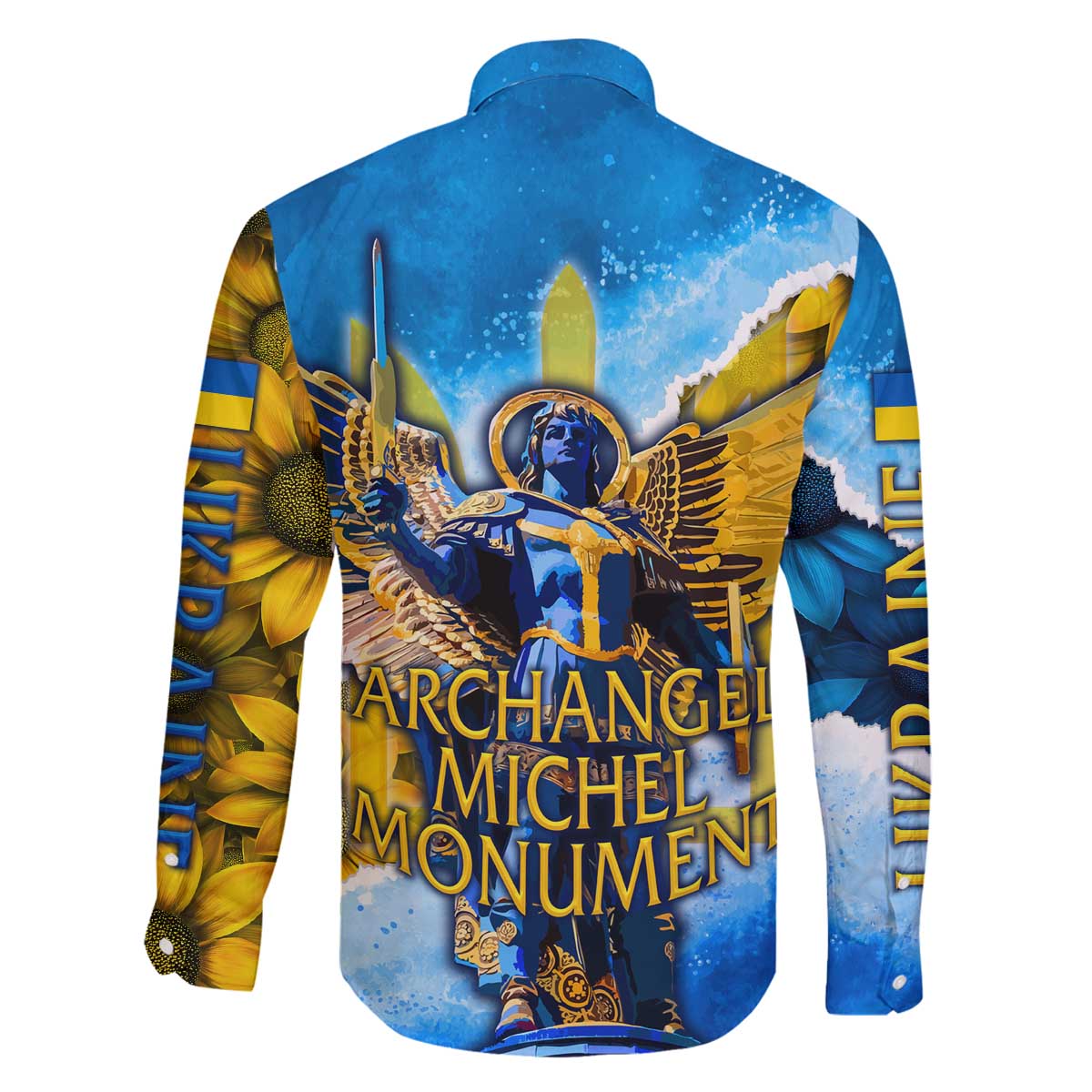 Ukraine Archangel Michael Family Matching Off The Shoulder Long Sleeve Dress and Hawaiian Shirt with Trident Emblem and Sunflowers Design