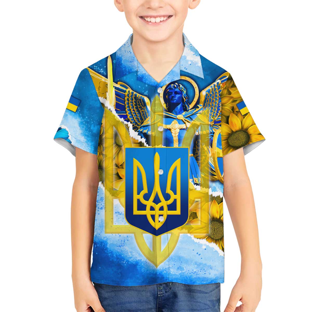 Ukraine Archangel Michael Family Matching Off The Shoulder Long Sleeve Dress and Hawaiian Shirt with Trident Emblem and Sunflowers Design