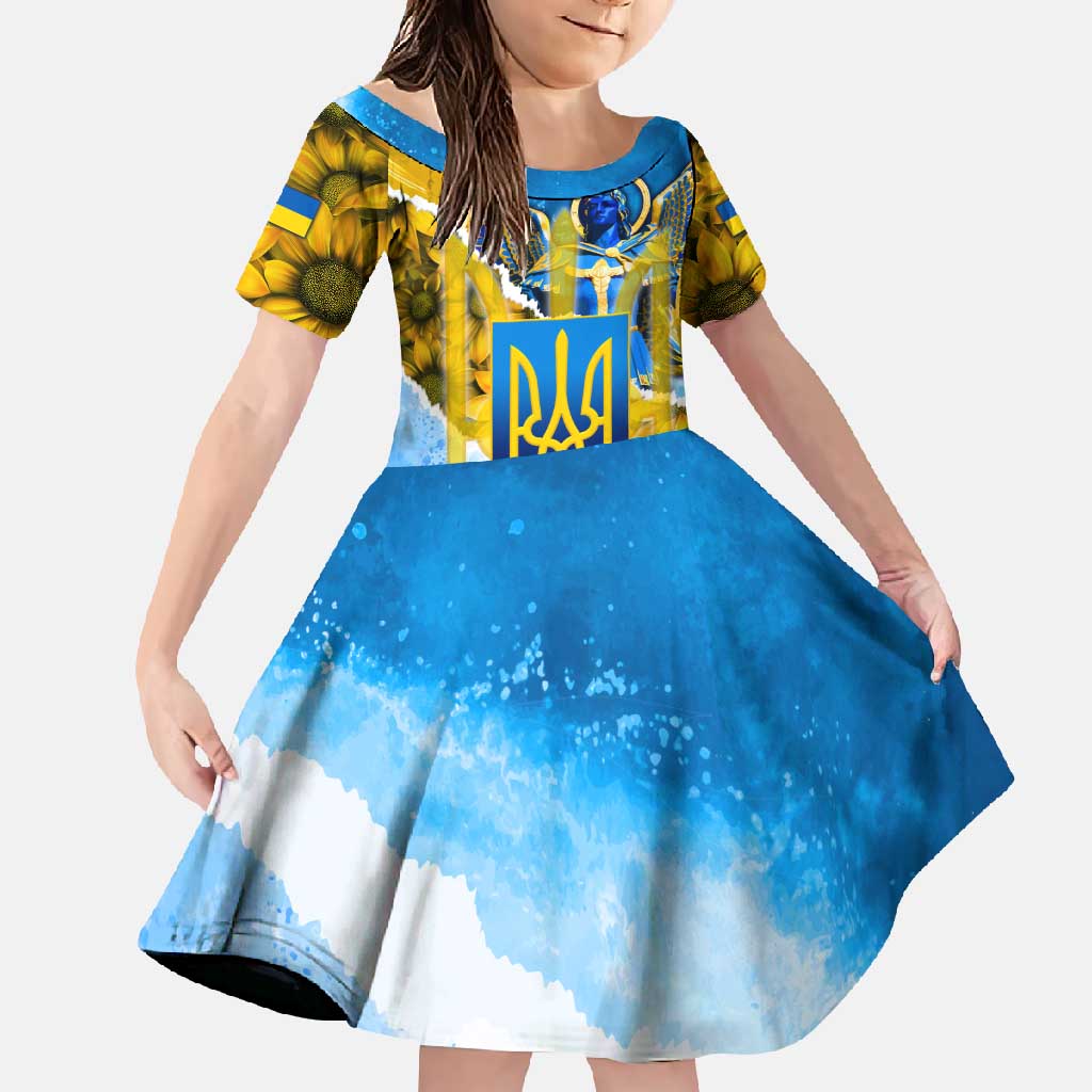 Ukraine Archangel Michael Family Matching Off Shoulder Maxi Dress and Hawaiian Shirt with Trident Emblem and Sunflowers Design