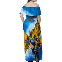Ukraine Archangel Michael Family Matching Off Shoulder Maxi Dress and Hawaiian Shirt with Trident Emblem and Sunflowers Design