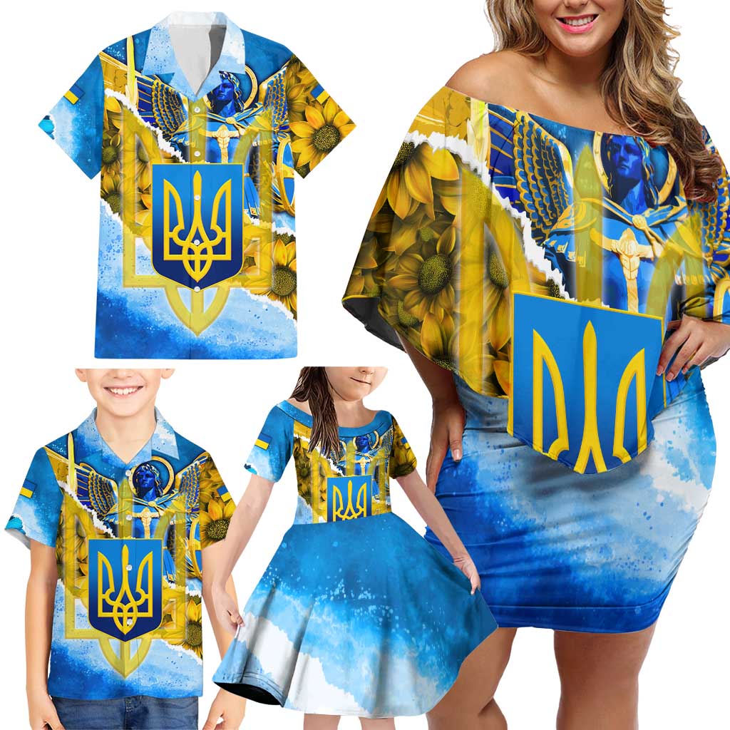 Ukraine Archangel Michael Family Matching Off Shoulder Short Dress and Hawaiian Shirt with Trident Emblem and Sunflowers Design