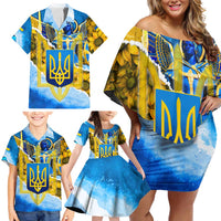 Ukraine Archangel Michael Family Matching Off Shoulder Short Dress and Hawaiian Shirt with Trident Emblem and Sunflowers Design