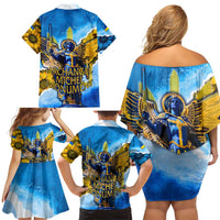 Ukraine Archangel Michael Family Matching Off Shoulder Short Dress and Hawaiian Shirt with Trident Emblem and Sunflowers Design