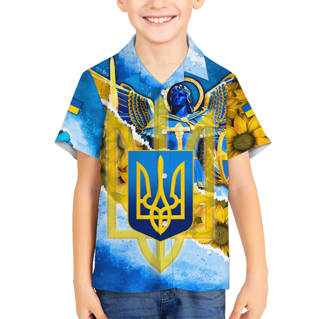 Ukraine Archangel Michael Family Matching Off Shoulder Short Dress and Hawaiian Shirt with Trident Emblem and Sunflowers Design