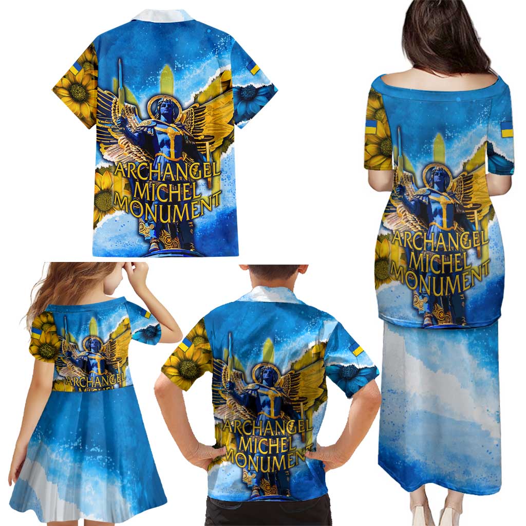 Ukraine Archangel Michael Family Matching Puletasi and Hawaiian Shirt with Trident Emblem and Sunflowers Design