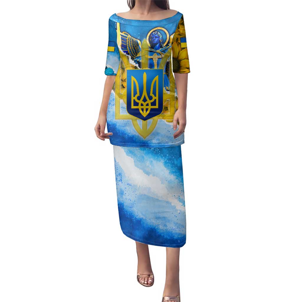 Ukraine Archangel Michael Family Matching Puletasi and Hawaiian Shirt with Trident Emblem and Sunflowers Design