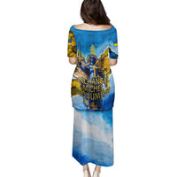 Ukraine Archangel Michael Family Matching Puletasi and Hawaiian Shirt with Trident Emblem and Sunflowers Design