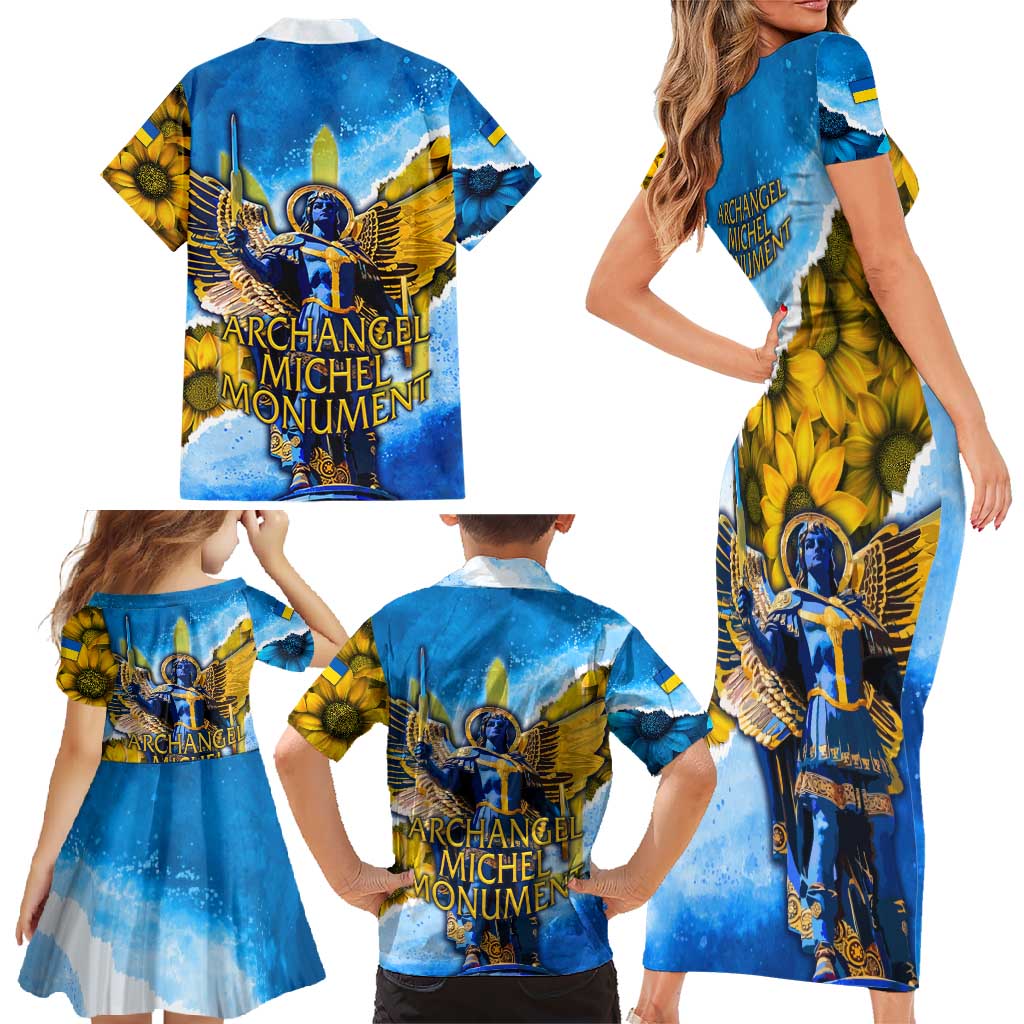 Ukraine Archangel Michael Family Matching Short Sleeve Bodycon Dress and Hawaiian Shirt with Trident Emblem and Sunflowers Design