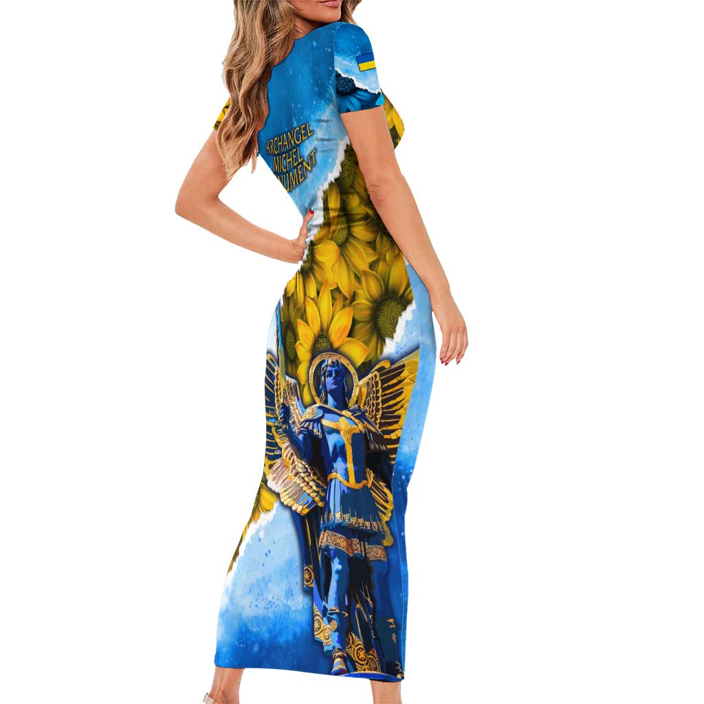 Ukraine Archangel Michael Family Matching Short Sleeve Bodycon Dress and Hawaiian Shirt with Trident Emblem and Sunflowers Design