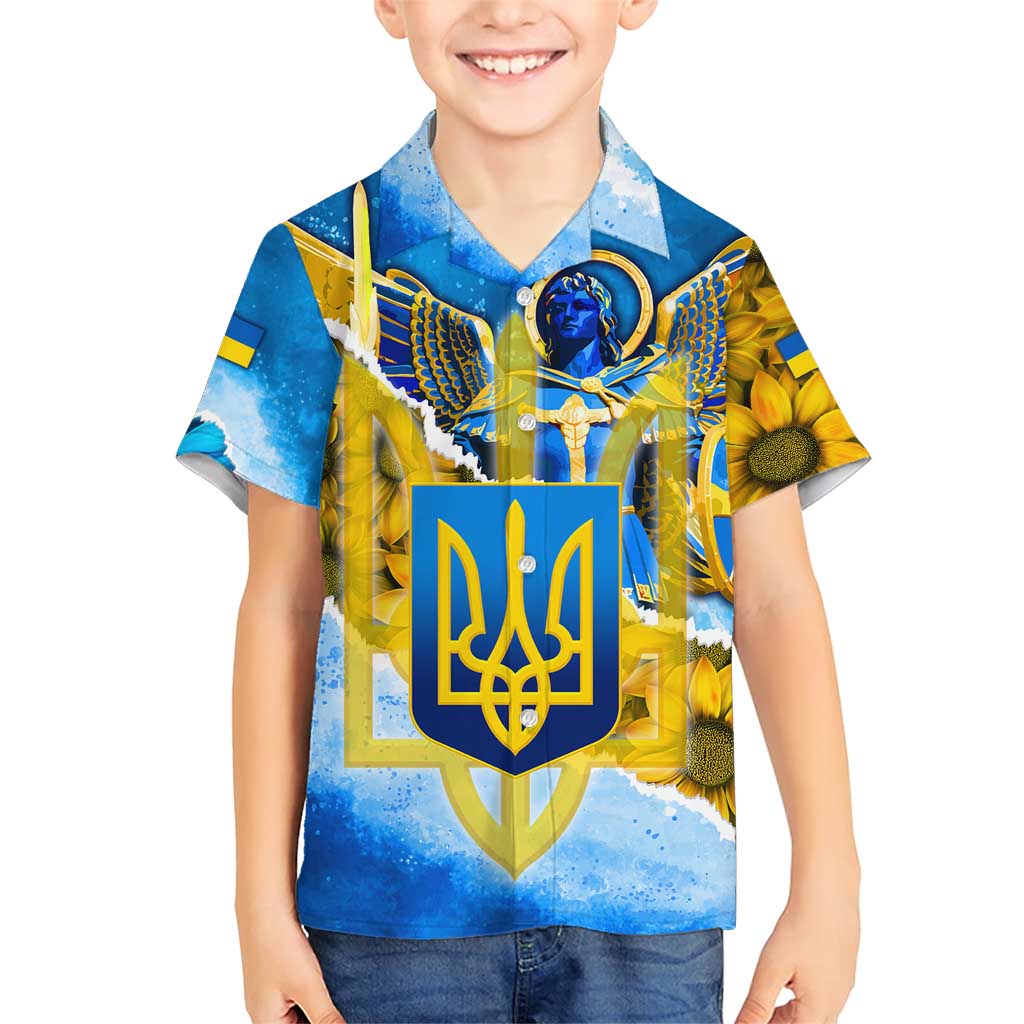 Ukraine Archangel Michael Family Matching Short Sleeve Bodycon Dress and Hawaiian Shirt with Trident Emblem and Sunflowers Design