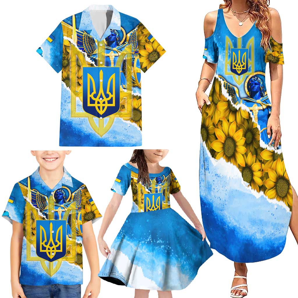 Ukraine Archangel Michael Family Matching Summer Maxi Dress and Hawaiian Shirt with Trident Emblem and Sunflowers Design