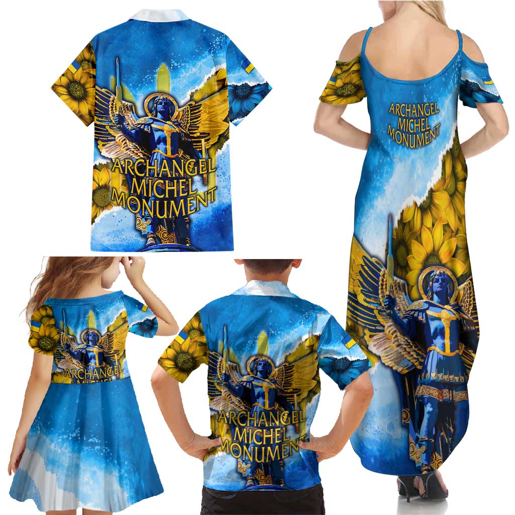 Ukraine Archangel Michael Family Matching Summer Maxi Dress and Hawaiian Shirt with Trident Emblem and Sunflowers Design