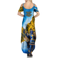 Ukraine Archangel Michael Family Matching Summer Maxi Dress and Hawaiian Shirt with Trident Emblem and Sunflowers Design