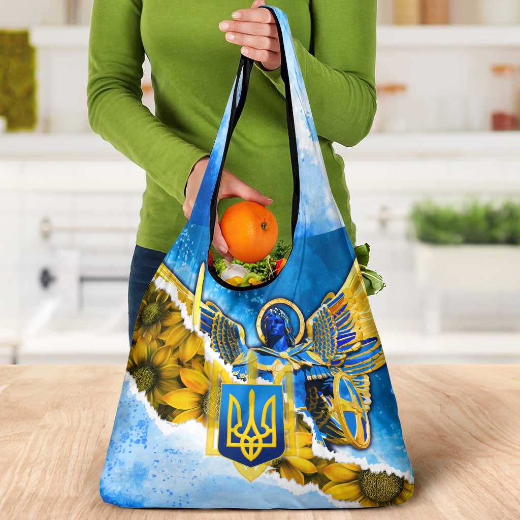 Ukraine Archangel Michael Grocery Bag with Trident Emblem and Sunflowers Design