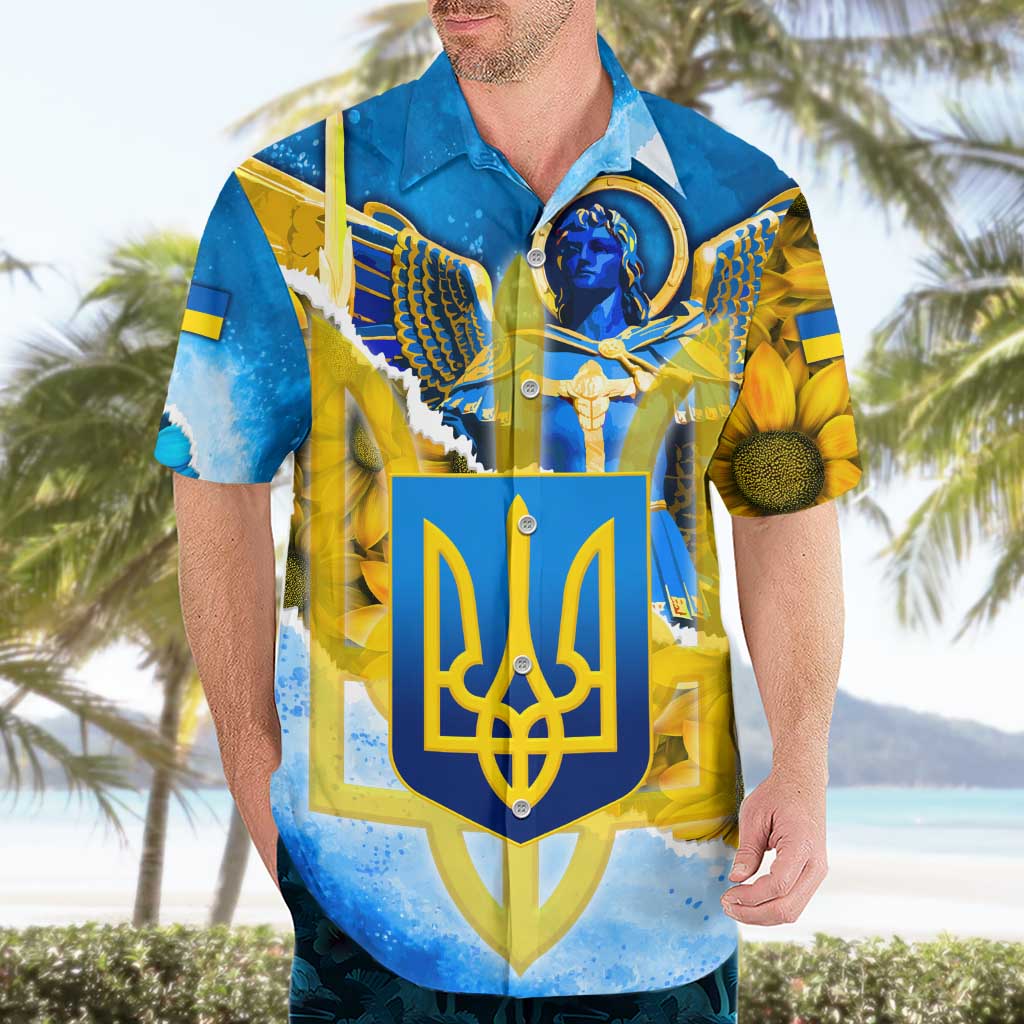 Ukraine Archangel Michael Hawaiian Shirt with Trident Emblem and Sunflowers Design