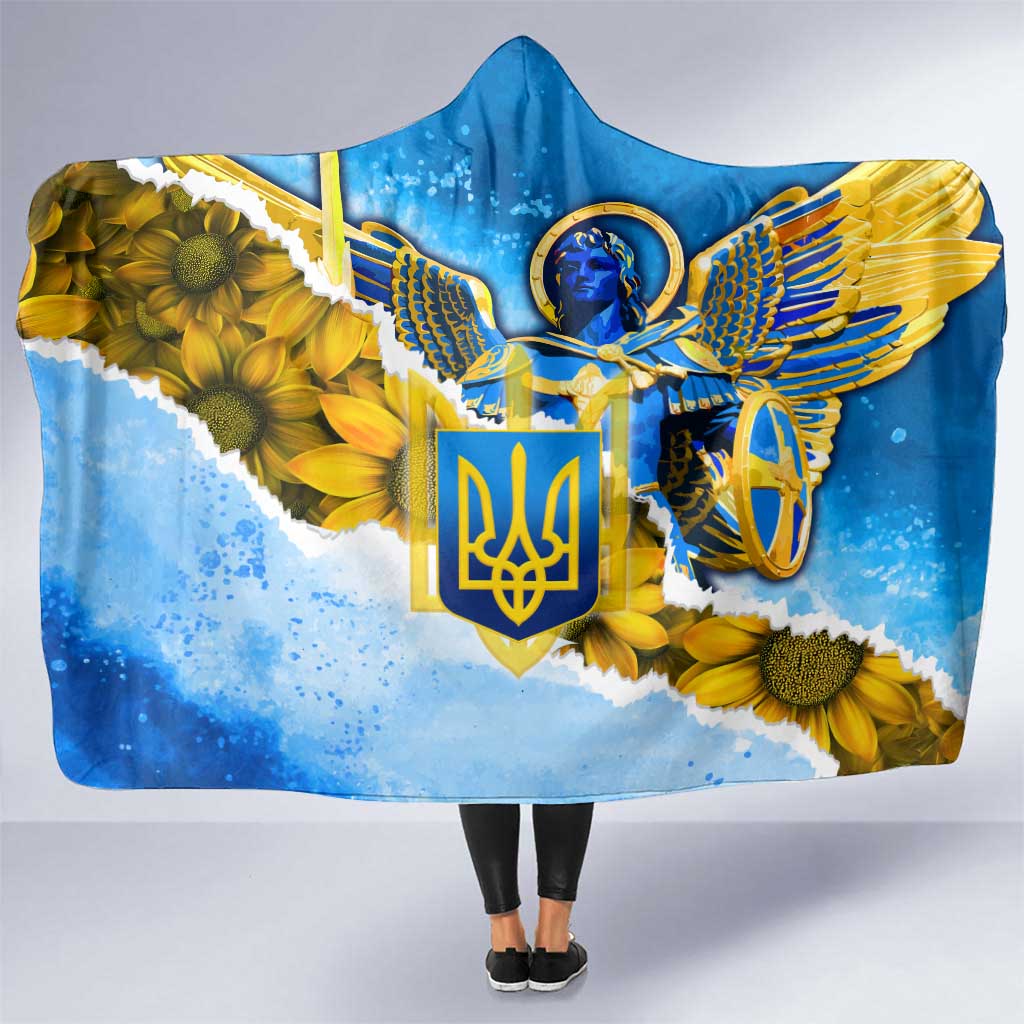 Ukraine Archangel Michael Hooded Blanket with Trident Emblem and Sunflowers Design
