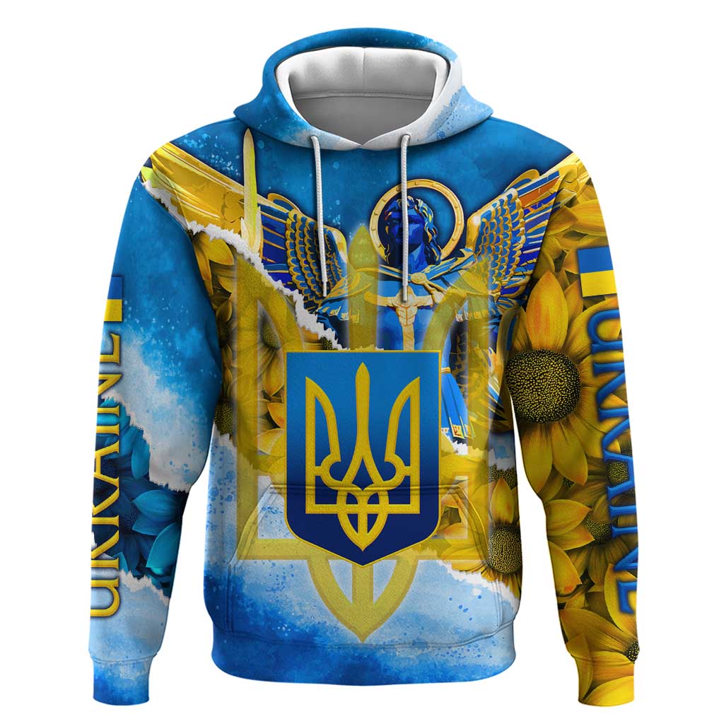 Ukraine Archangel Michael Hoodie with Trident Emblem and Sunflowers Design