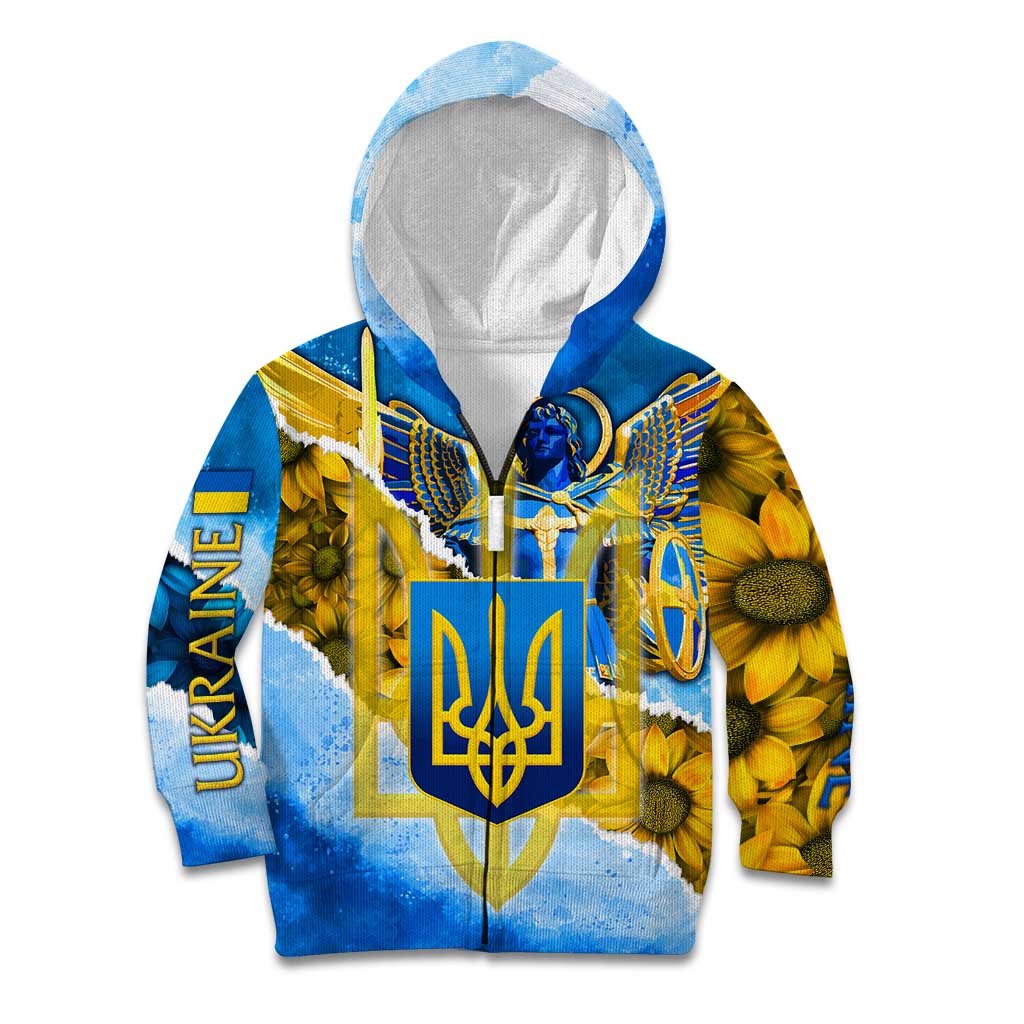 Ukraine Archangel Michael Kid Hoodie with Trident Emblem and Sunflowers Design