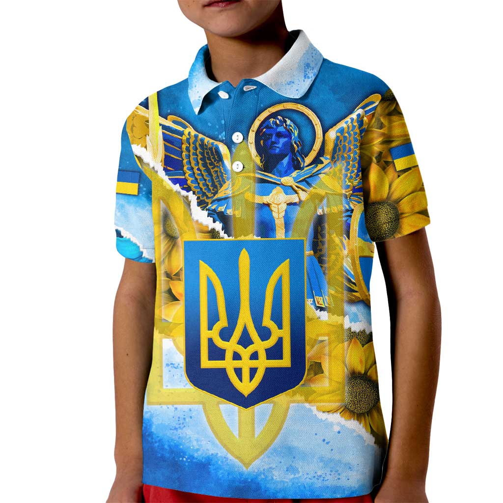Ukraine Archangel Michael Kid Polo Shirt with Trident Emblem and Sunflowers Design