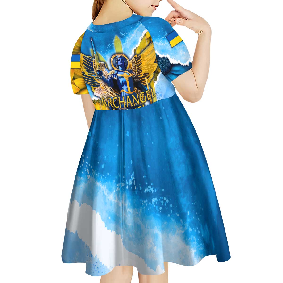 Ukraine Archangel Michael Kid Short Sleeve Dress with Trident Emblem and Sunflowers Design