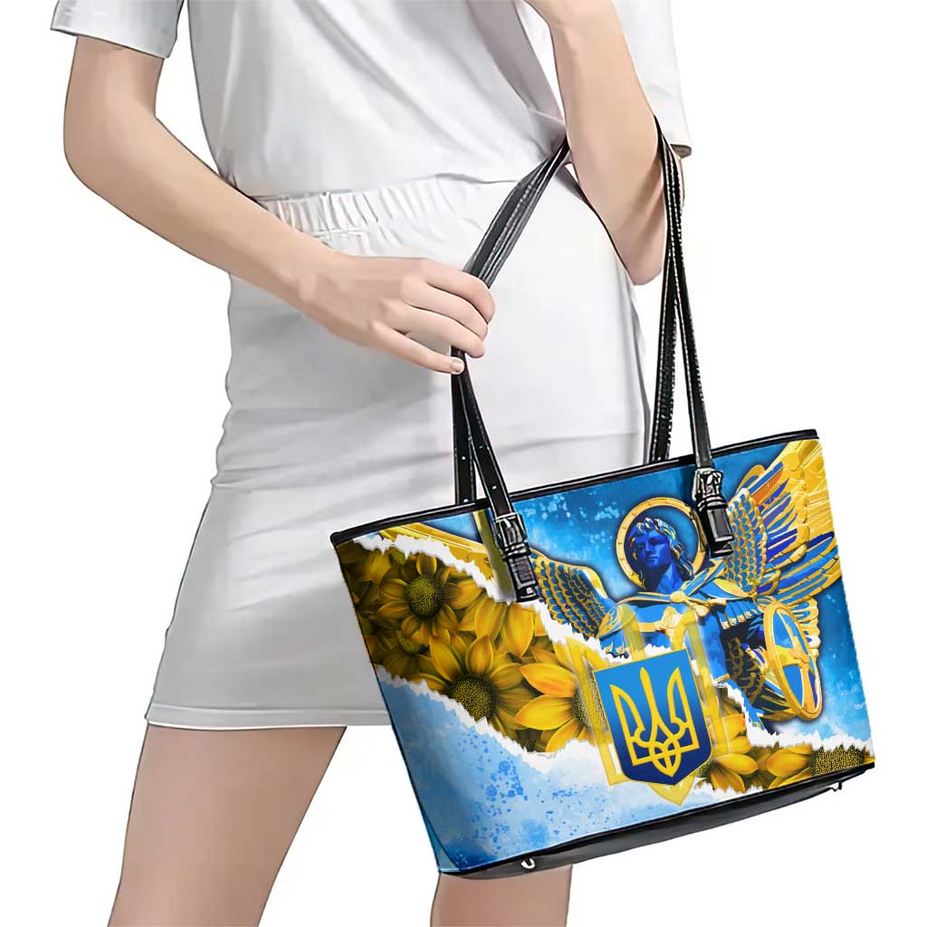 Ukraine Archangel Michael Leather Tote Bag with Trident Emblem and Sunflowers Design