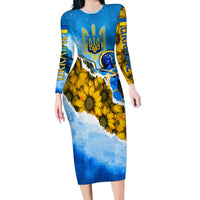 Ukraine Archangel Michael Long Sleeve Bodycon Dress with Trident Emblem and Sunflowers Design