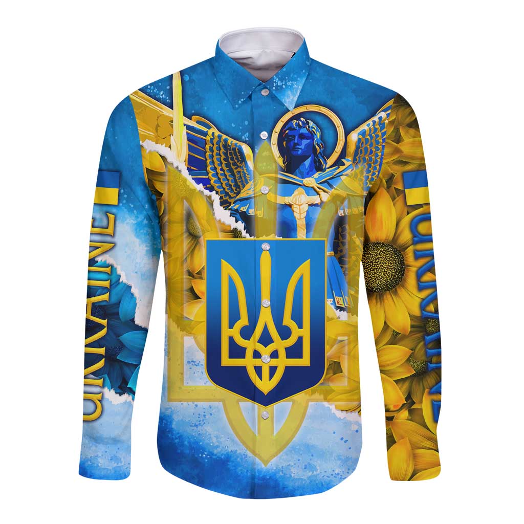 Ukraine Archangel Michael Long Sleeve Button Shirt with Trident Emblem and Sunflowers Design