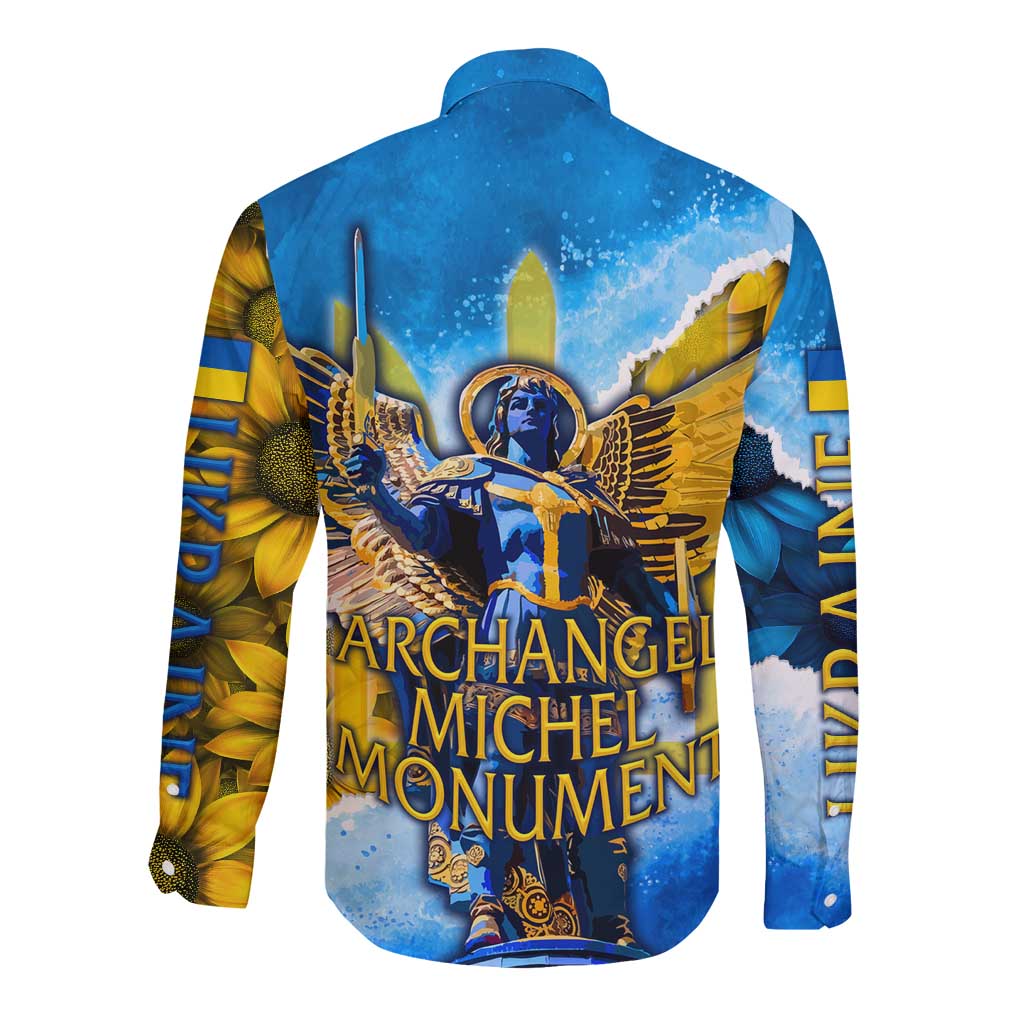 Ukraine Archangel Michael Long Sleeve Button Shirt with Trident Emblem and Sunflowers Design