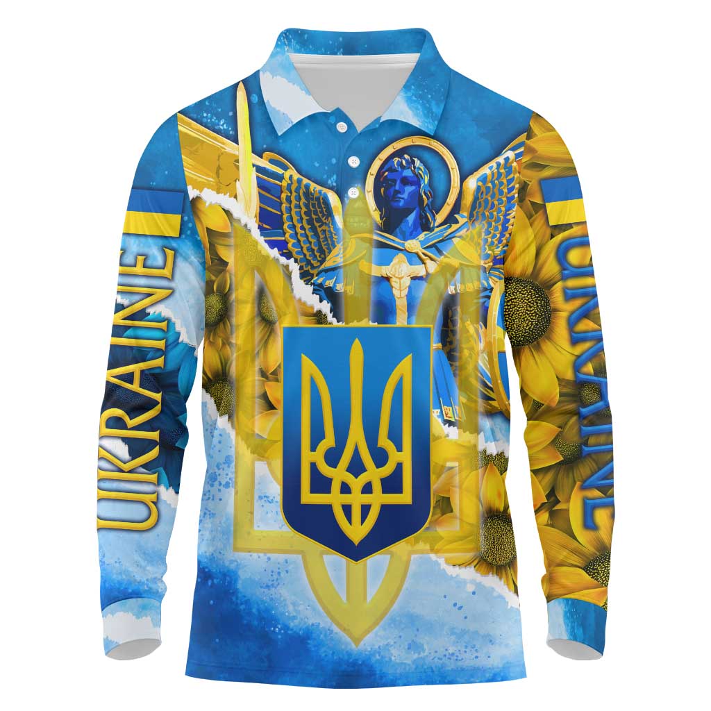 Ukraine Archangel Michael Long Sleeve Polo Shirt with Trident Emblem and Sunflowers Design