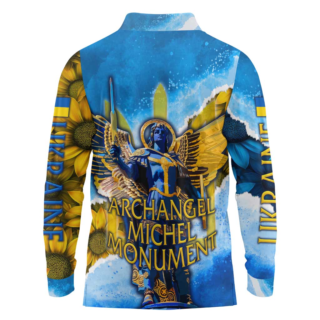 Ukraine Archangel Michael Long Sleeve Polo Shirt with Trident Emblem and Sunflowers Design