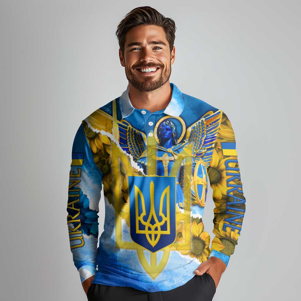 Ukraine Archangel Michael Long Sleeve Polo Shirt with Trident Emblem and Sunflowers Design