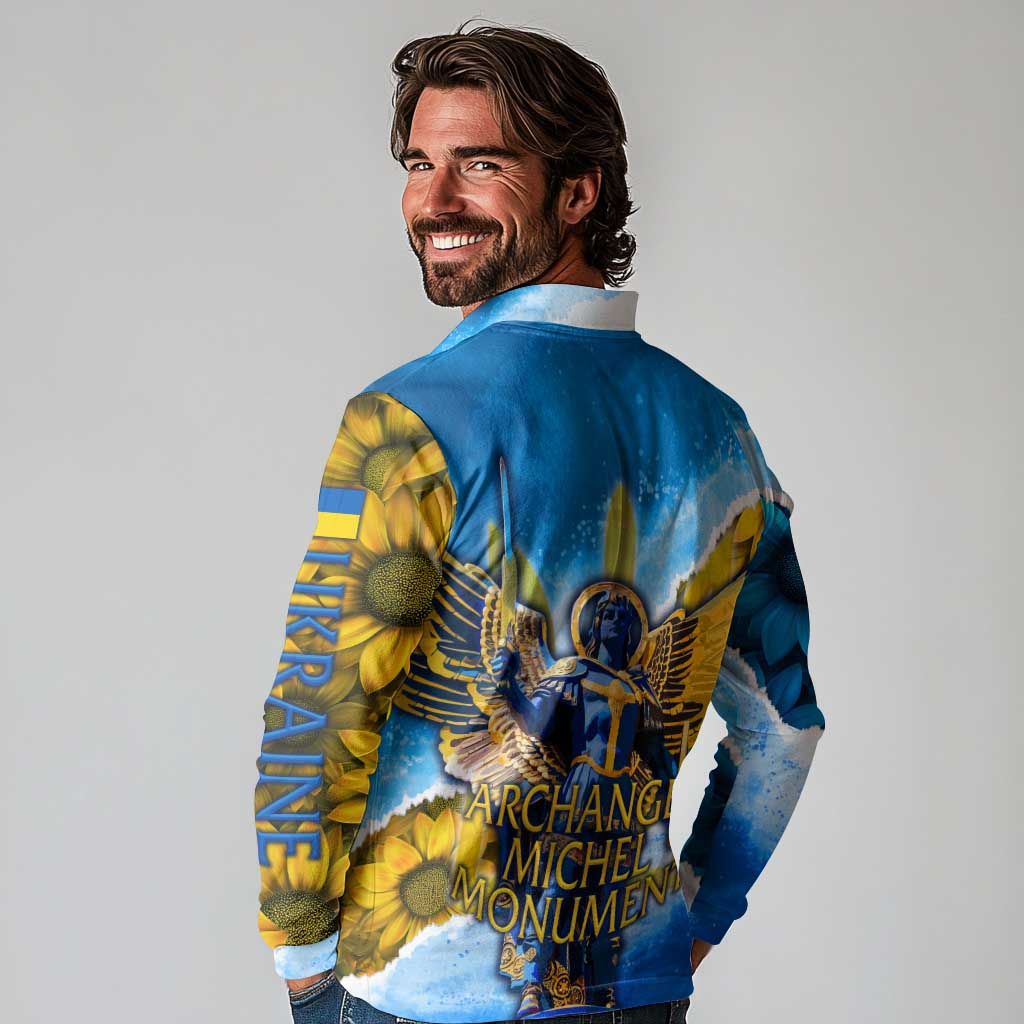 Ukraine Archangel Michael Long Sleeve Polo Shirt with Trident Emblem and Sunflowers Design