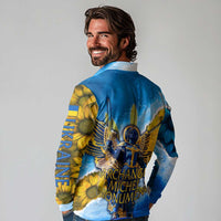 Ukraine Archangel Michael Long Sleeve Polo Shirt with Trident Emblem and Sunflowers Design