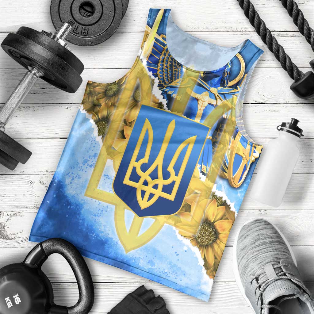 Ukraine Archangel Michael Men Tank Top with Trident Emblem and Sunflowers Design