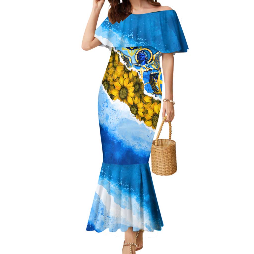 Ukraine Archangel Michael Mermaid Dress with Trident Emblem and Sunflowers Design