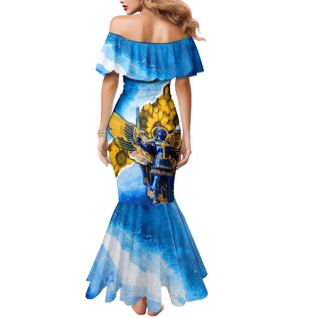 Ukraine Archangel Michael Mermaid Dress with Trident Emblem and Sunflowers Design