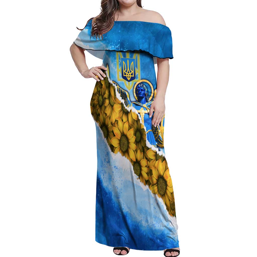 Ukraine Archangel Michael Off Shoulder Maxi Dress with Trident Emblem and Sunflowers Design