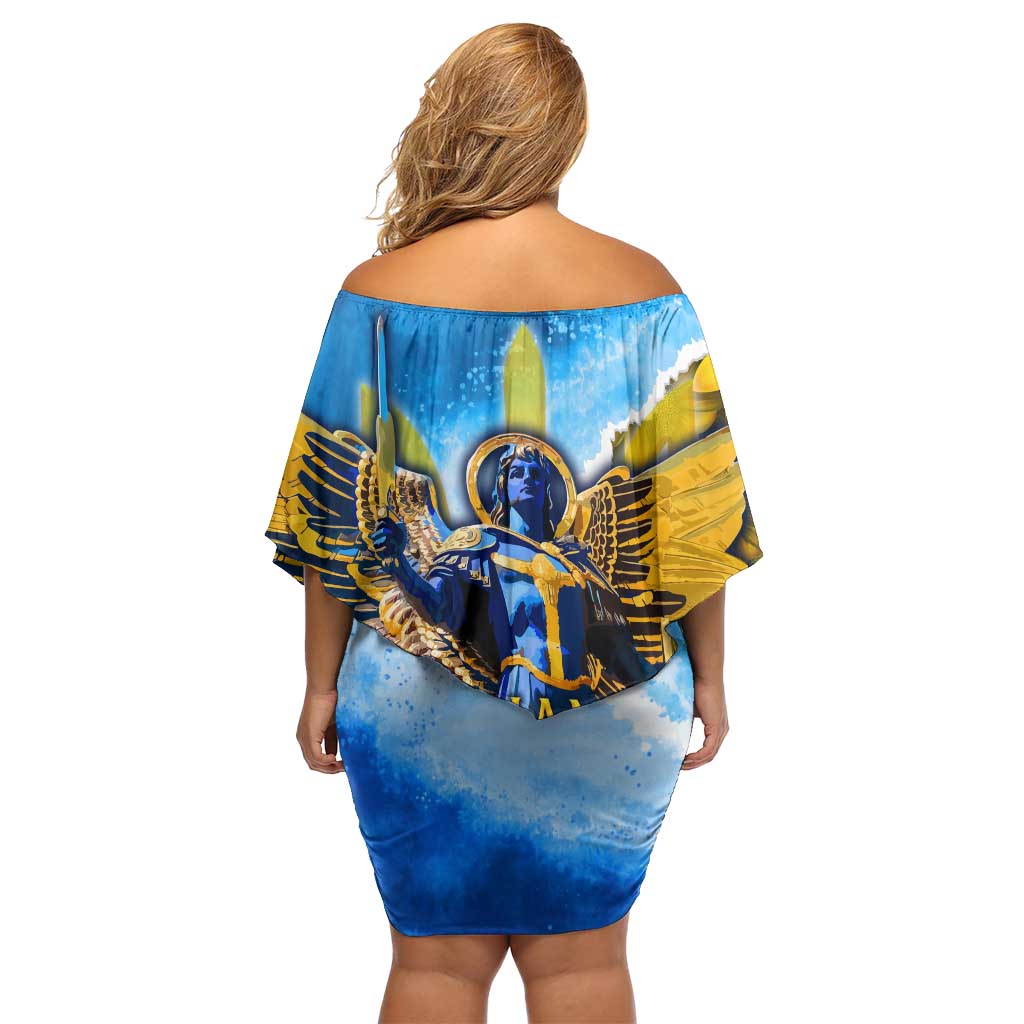Ukraine Archangel Michael Off Shoulder Short Dress with Trident Emblem and Sunflowers Design