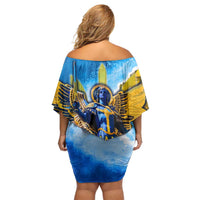Ukraine Archangel Michael Off Shoulder Short Dress with Trident Emblem and Sunflowers Design