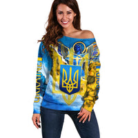 Ukraine Archangel Michael Off Shoulder Sweater with Trident Emblem and Sunflowers Design