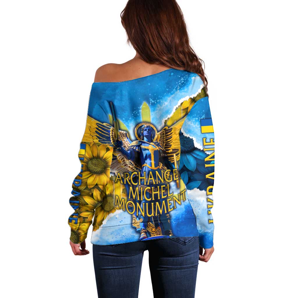 Ukraine Archangel Michael Off Shoulder Sweater with Trident Emblem and Sunflowers Design
