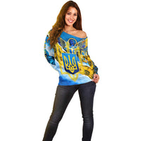 Ukraine Archangel Michael Off Shoulder Sweater with Trident Emblem and Sunflowers Design