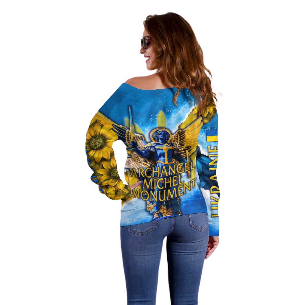 Ukraine Archangel Michael Off Shoulder Sweater with Trident Emblem and Sunflowers Design
