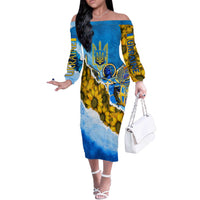 Ukraine Archangel Michael Off The Shoulder Long Sleeve Dress with Trident Emblem and Sunflowers Design