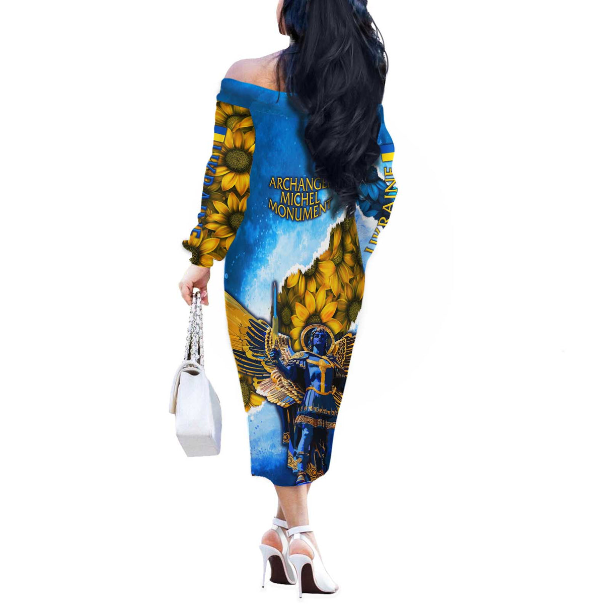 Ukraine Archangel Michael Off The Shoulder Long Sleeve Dress with Trident Emblem and Sunflowers Design