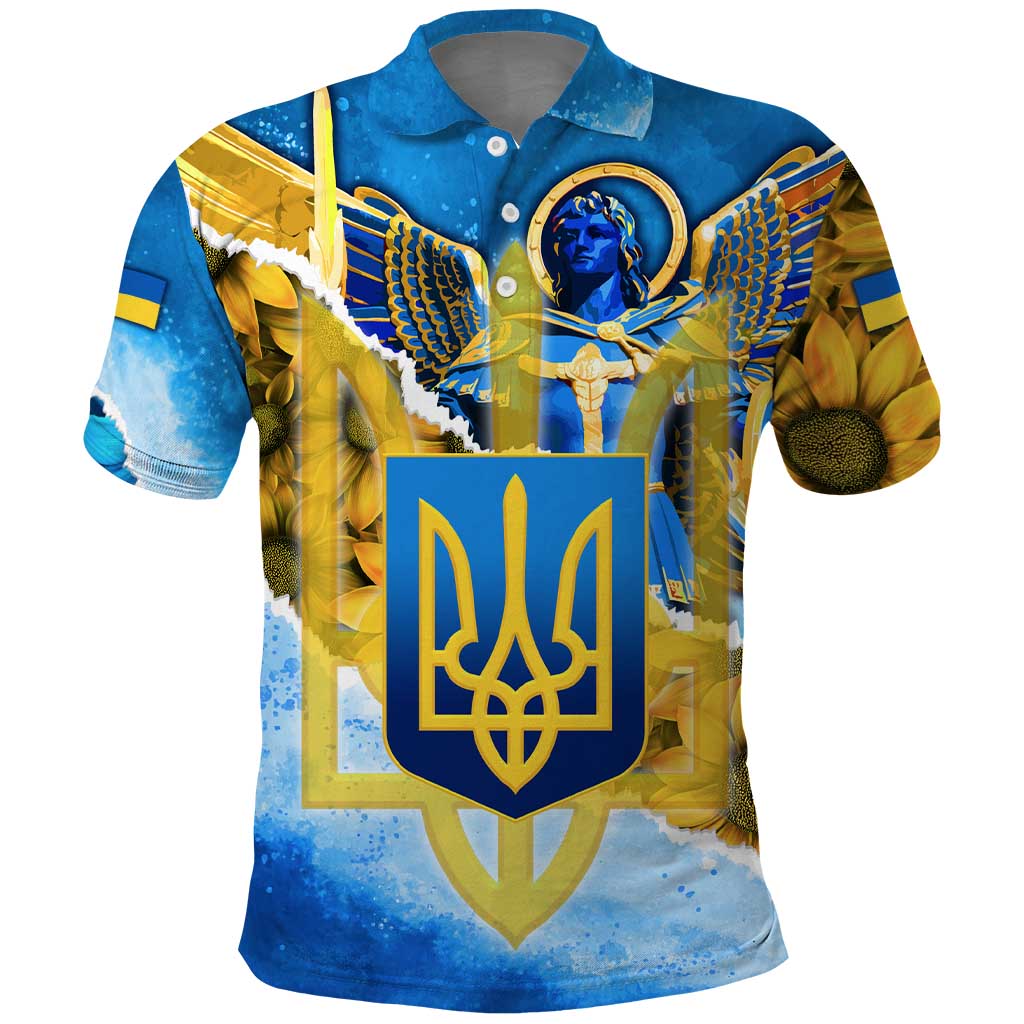 Ukraine Archangel Michael Polo Shirt with Trident Emblem and Sunflowers Design