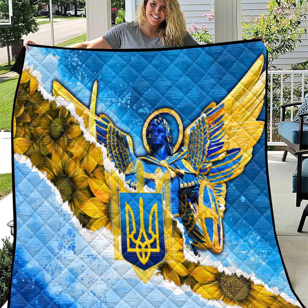 Ukraine Archangel Michael Quilt with Trident Emblem and Sunflowers Design