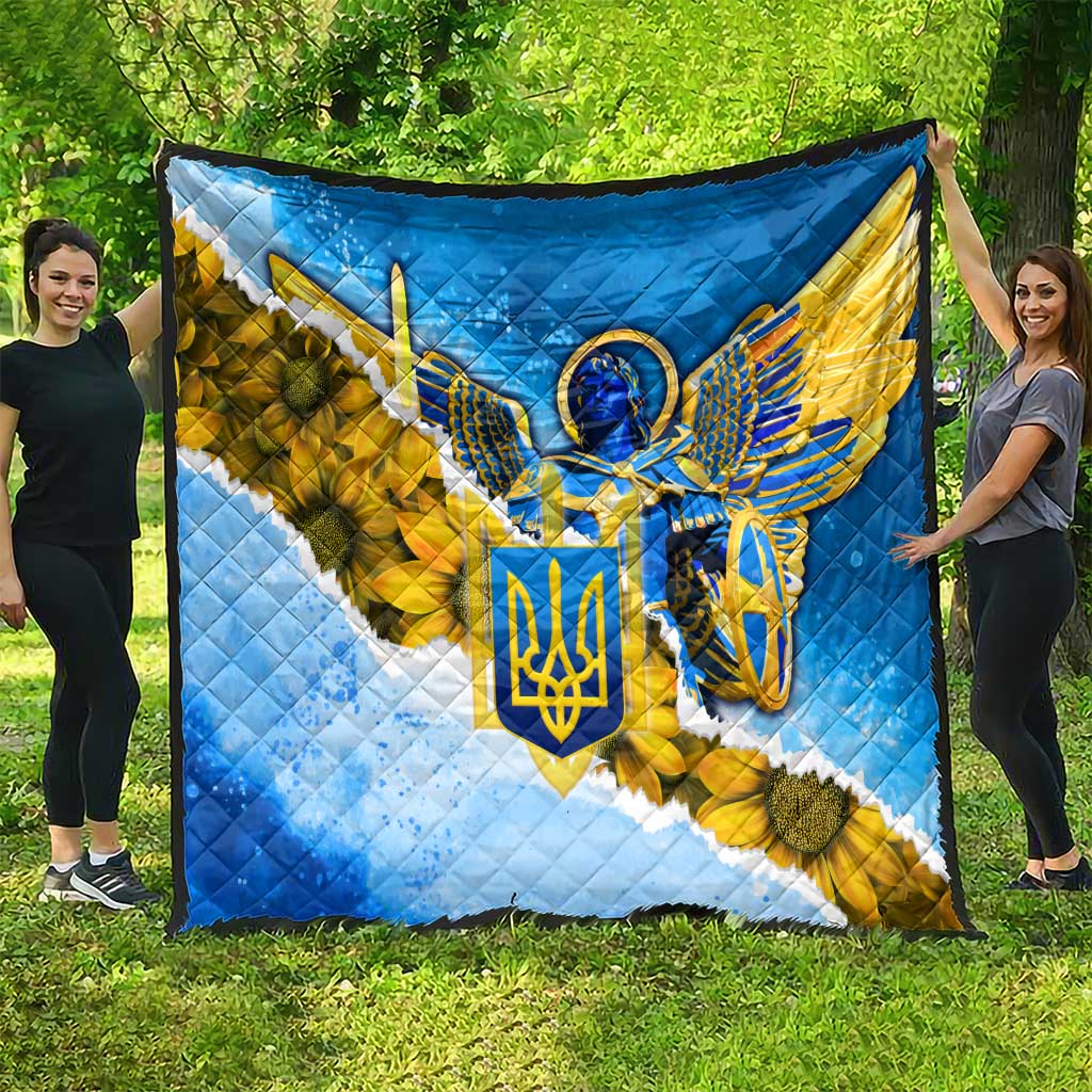 Ukraine Archangel Michael Quilt with Trident Emblem and Sunflowers Design