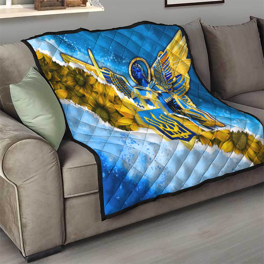 Ukraine Archangel Michael Quilt with Trident Emblem and Sunflowers Design
