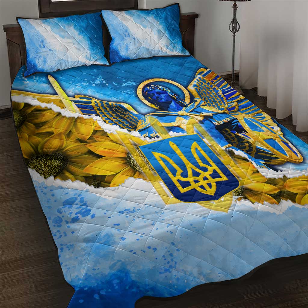 Ukraine Archangel Michael Quilt Bed Set with Trident Emblem and Sunflowers Design